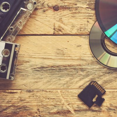 audio cassettes and cd discs and flash cards