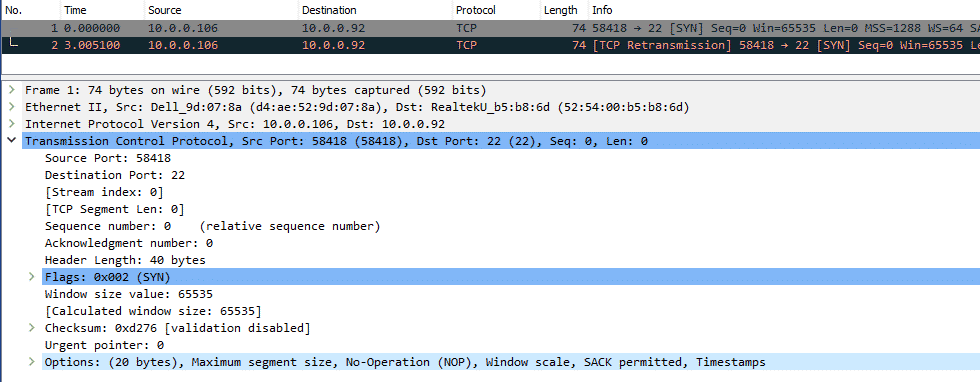 NAT connection to Linux server fails packet view