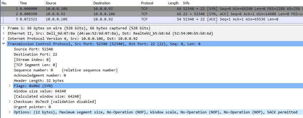 NAT connection to Linux server works packet view